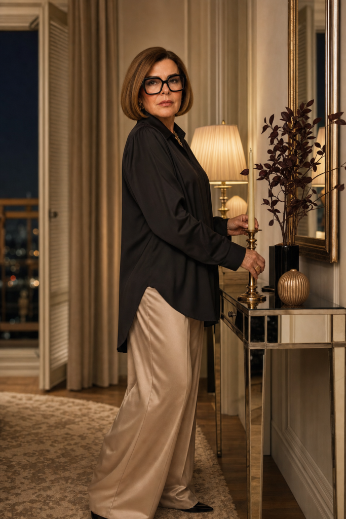 Celeste steht in schwarzer Tunika und champagnerfarbener Satinhose an einem schmalen Spiegeltisch in ihrer beigen Wohnung und richtet einen goldenen Kerzenhalter im warmen Abendlicht aus.