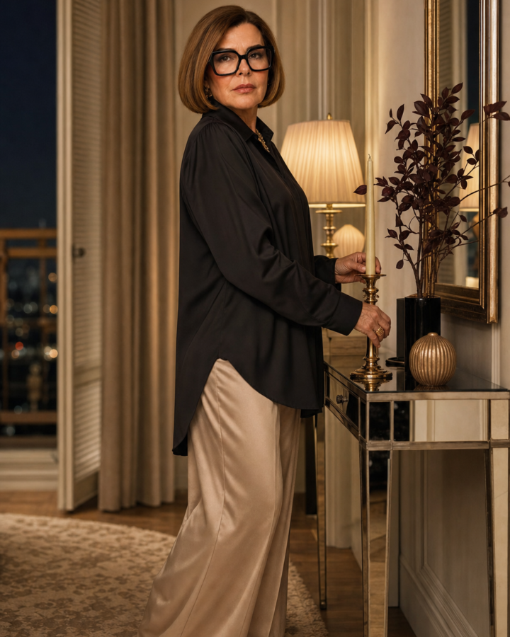 Celeste steht in schwarzer Tunika und champagnerfarbener Satinhose an einem schmalen Spiegeltisch in ihrer beigen Wohnung und richtet einen goldenen Kerzenhalter im warmen Abendlicht aus.